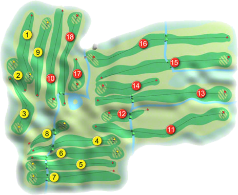 Golf course layout with numbered holes, featuring green fairways and water hazards.