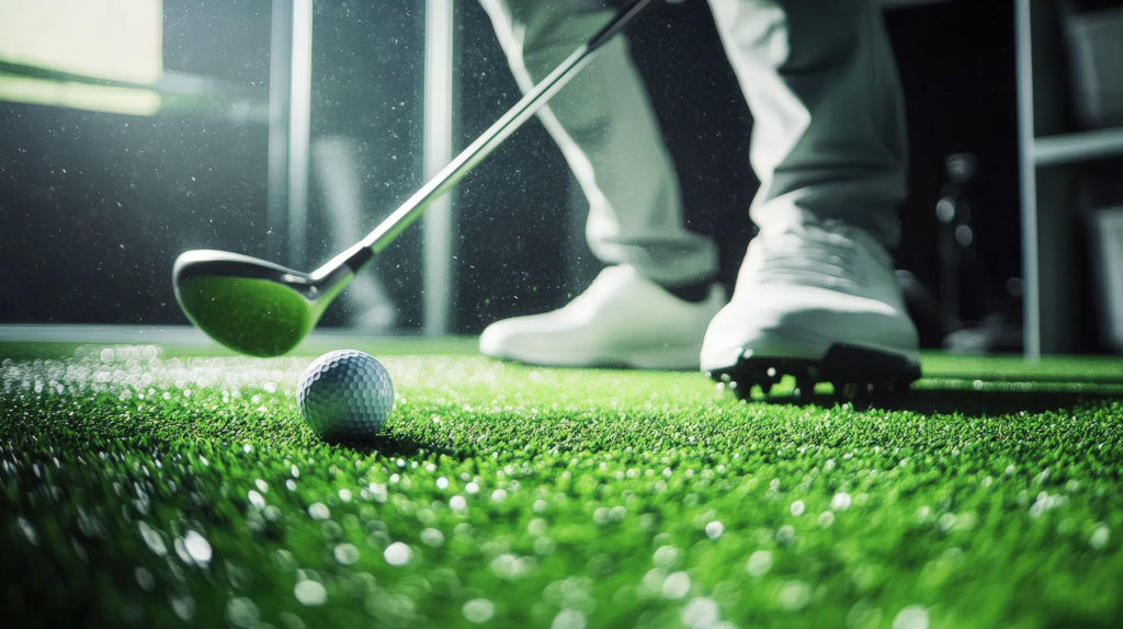 Golfer preparing to hit a ball on a lush green course, close-up of club and footwear in focus.