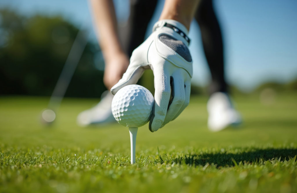 Golfer placing ball on tee, close-up. Gloved hand preparing to swing on lush green course under clear sky.