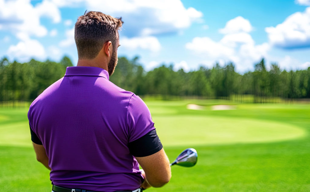 Golfer in purple shirt holding club, looking at sunny golf course.