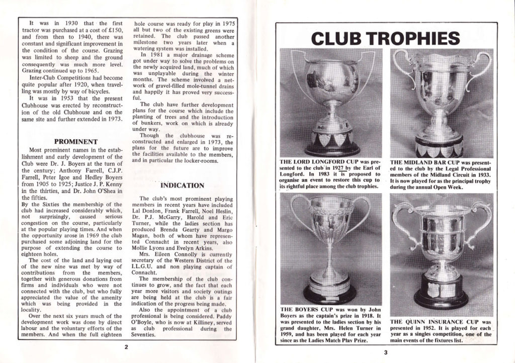 Club history and trophy showcase with descriptions of Lord Longford Cup, Midland Bar Cup, Boyers Cup, and Quinn Insurance Cup.