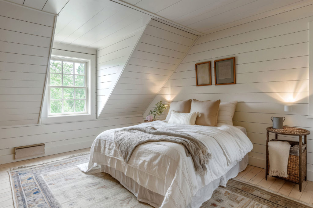 Cozy attic bedroom with white bedding, warm lighting, and rustic decor for a serene and inviting ambiance.