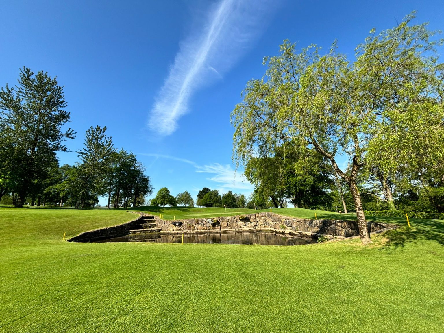 Scenic golf course with lush greenery, vibrant trees, and blue sky on a sunny day.