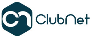ClubNet logo featuring a stylized C and N in white on a dark blue background, with ClubNet text in matching blue.