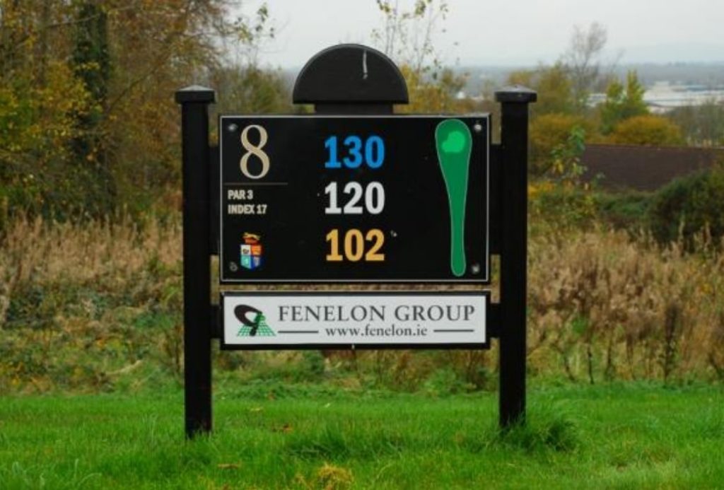 Golf hole 8 sign showing par 3 details and yardage against a grassy, autumn landscape.