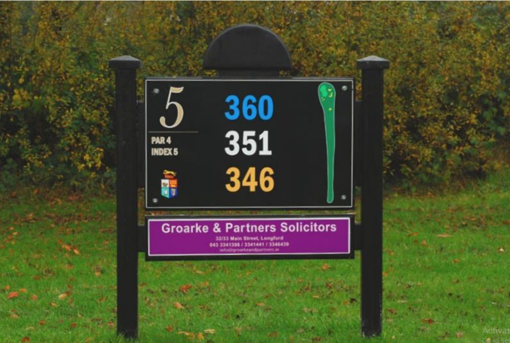 Golf course sign for hole 5, par 4, with solicitor ad.