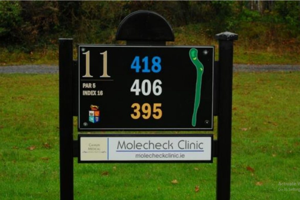 Golf hole 11 sign, Par 5, distances 418, 406, 395 yards, sponsored by Molecheck Clinic.