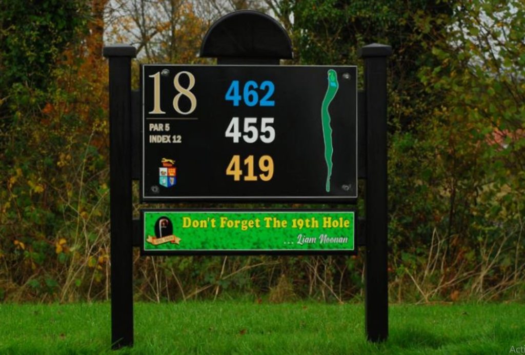 Golf course hole 18 sign, par 5, displaying distances of 462, 455, 419. Don't Forget The 19th Hole message below.