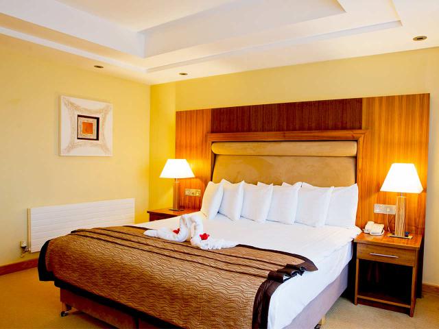 Cozy hotel room with a king-sized bed, elegant decor, and soft lighting for a comfortable stay.
